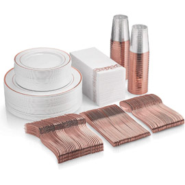 Supernal 400pcs Rose Gold Dinnerware，100pcs Rose Gold Plastic Plates，200pcs Plastic Rose Gold Silverware，50pcs Plastic Cups with Rose Gold Rim，50pcs Rose Gold Napkins，Suit for Wedding, Birthday Party