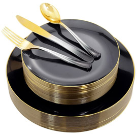 Supernal 150pcs Gold Plastic Dinnerware， Black and Gold Plates，Gold Plastic Silverware，Gold Black Gradient Plastic Cutlery，Service for 30 Guests Place Setting for Wedding，Party，Birthday，Holiday