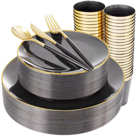 Supernal 180pcs Black Plastic Dinnerware Set，Black Plastic Plates，Clear Plastic Plates with Gold Rim，Gold Plastic Silverware，Black Clear Cups with Gold Rim，Suit for Wedding，Birthday，Party